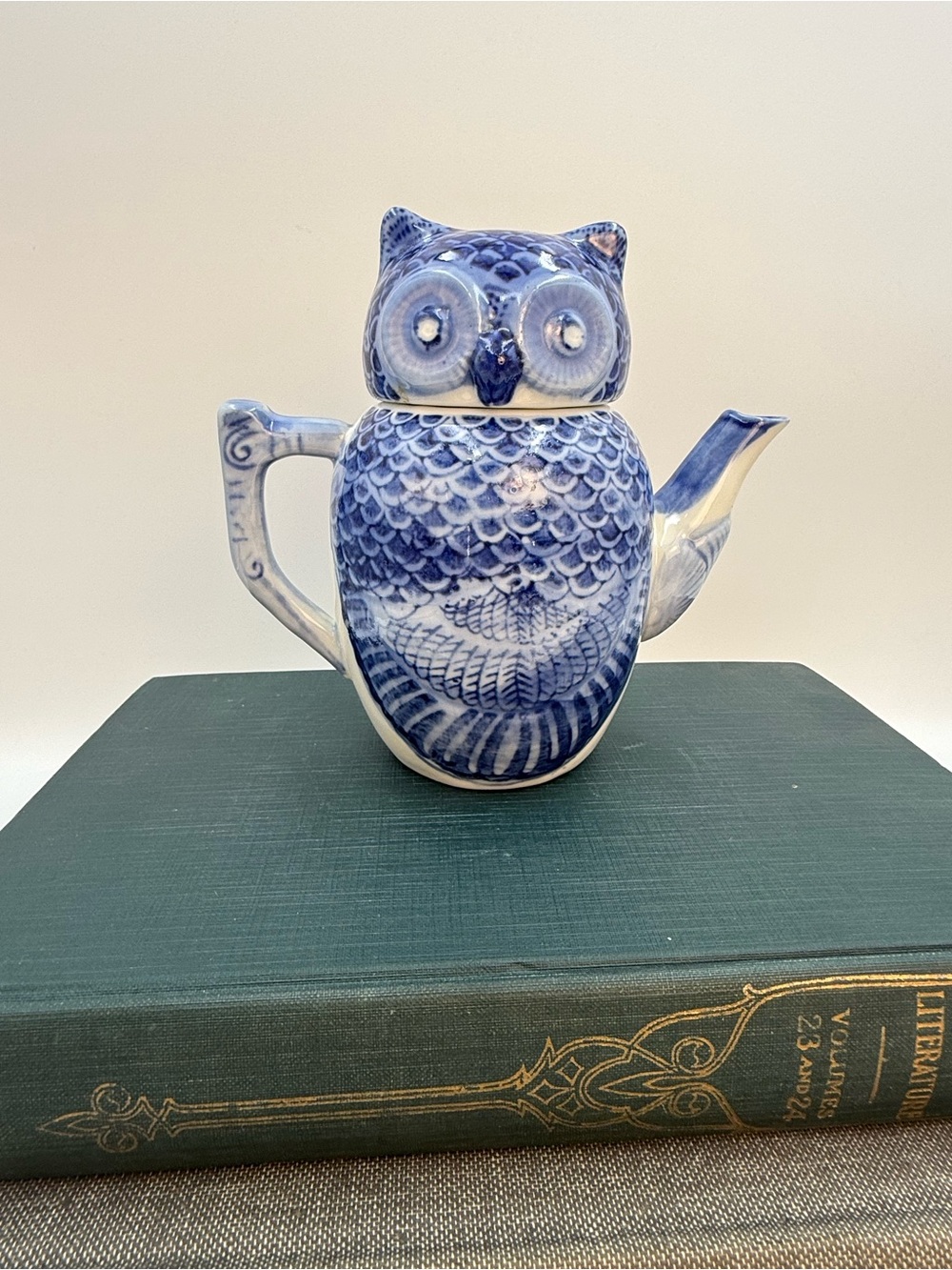 Vintage Porcelain Gzhel Style Small Owl Teapot  Blue And White